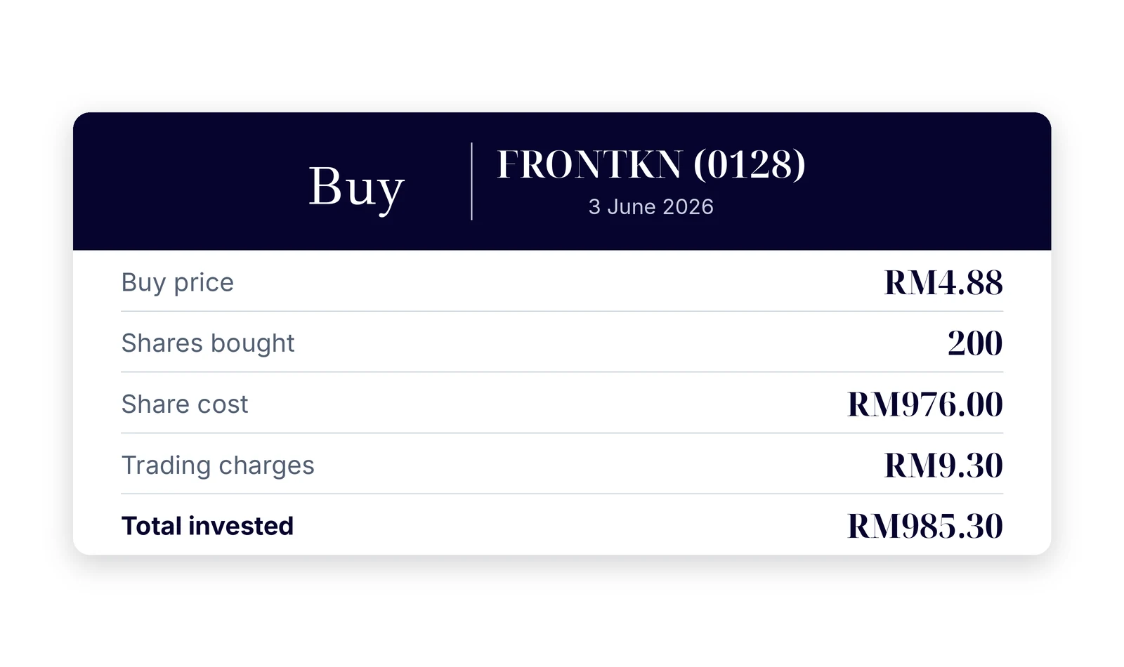 Summary of FRONTKN stock purchase on 3 June 2026, showing share price, quantity, trading fees and total invested